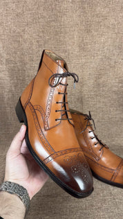 Handmade Tan Brown Wing Tip Brogue Ankle Boots