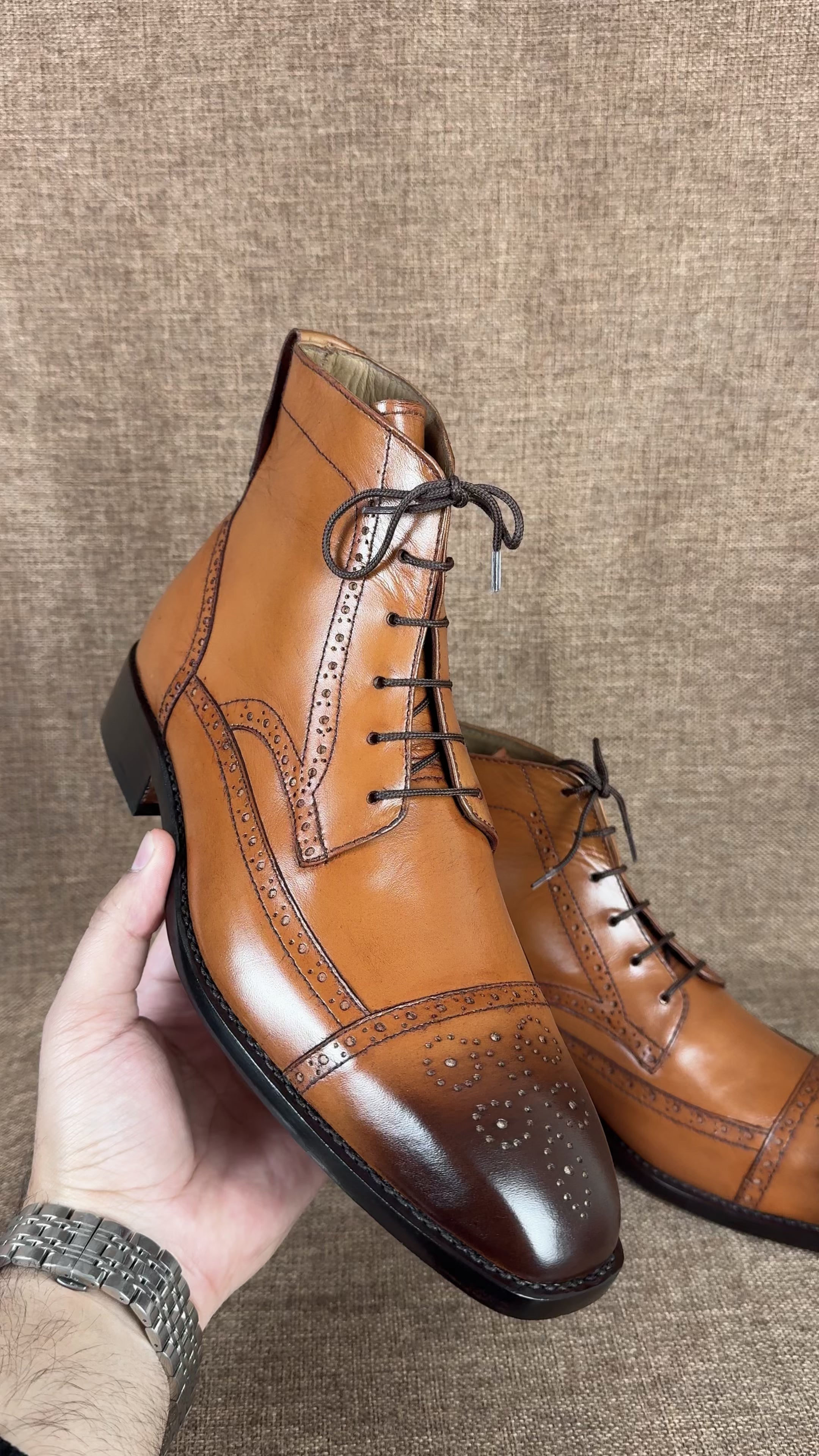 Handmade Tan Brown Wing Tip Brogue Ankle Boots