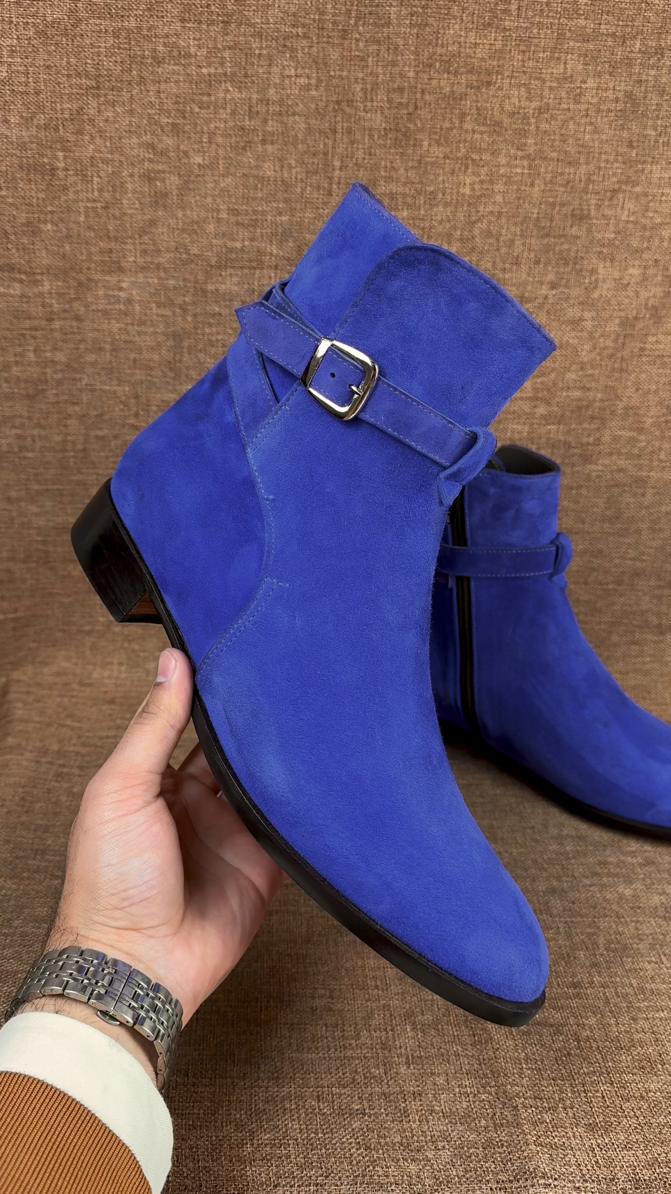 Handmade Mens Blue Suede Jodhpurs Boot, Men Blue Fashion Ankle Boots