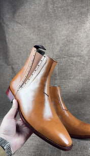 Handmade Men Tan Color Chelsea Brogue Ankle Boots, Ankle Leather Boots