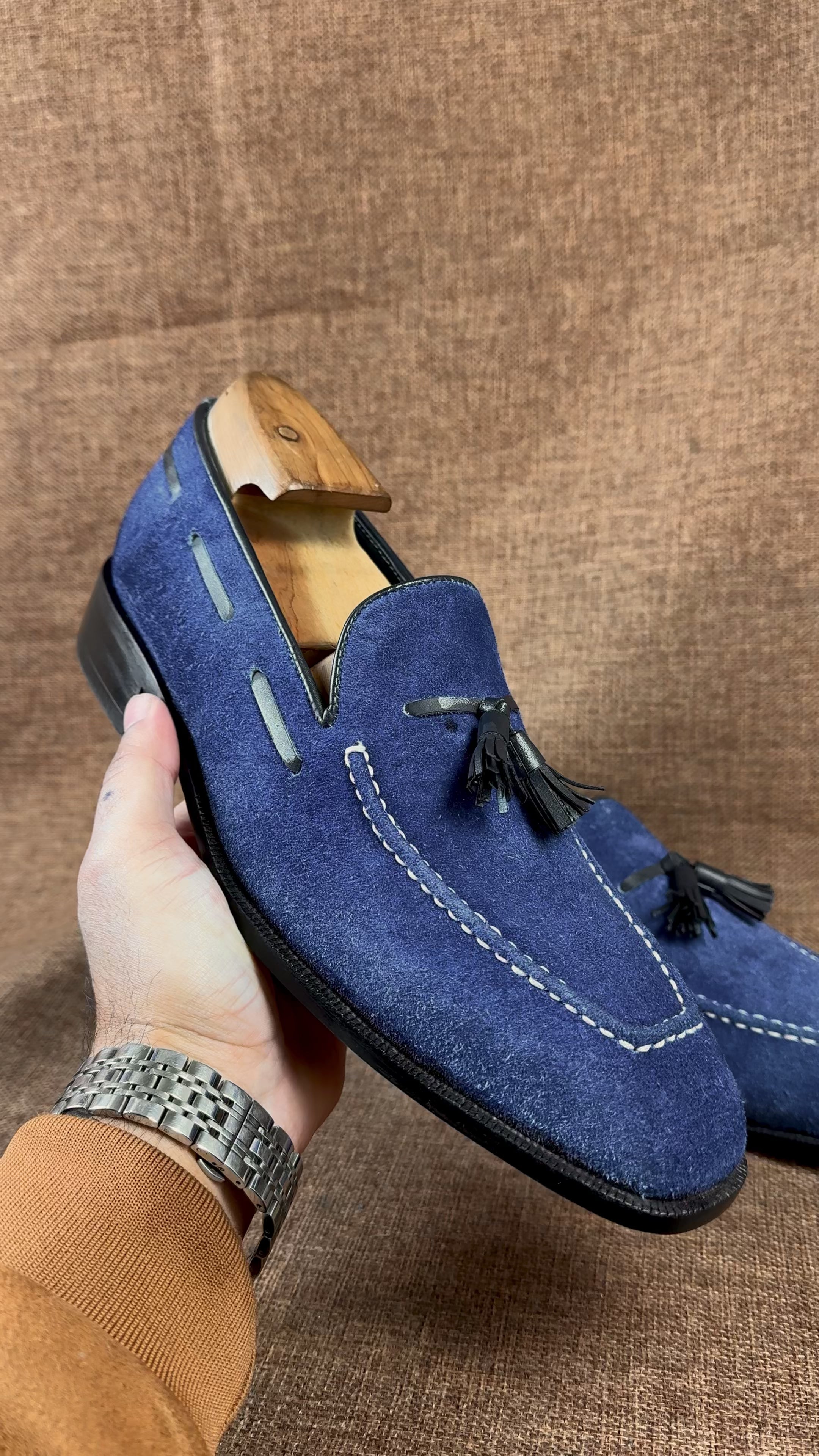 Handmade Navy Suede Tassel Loafers