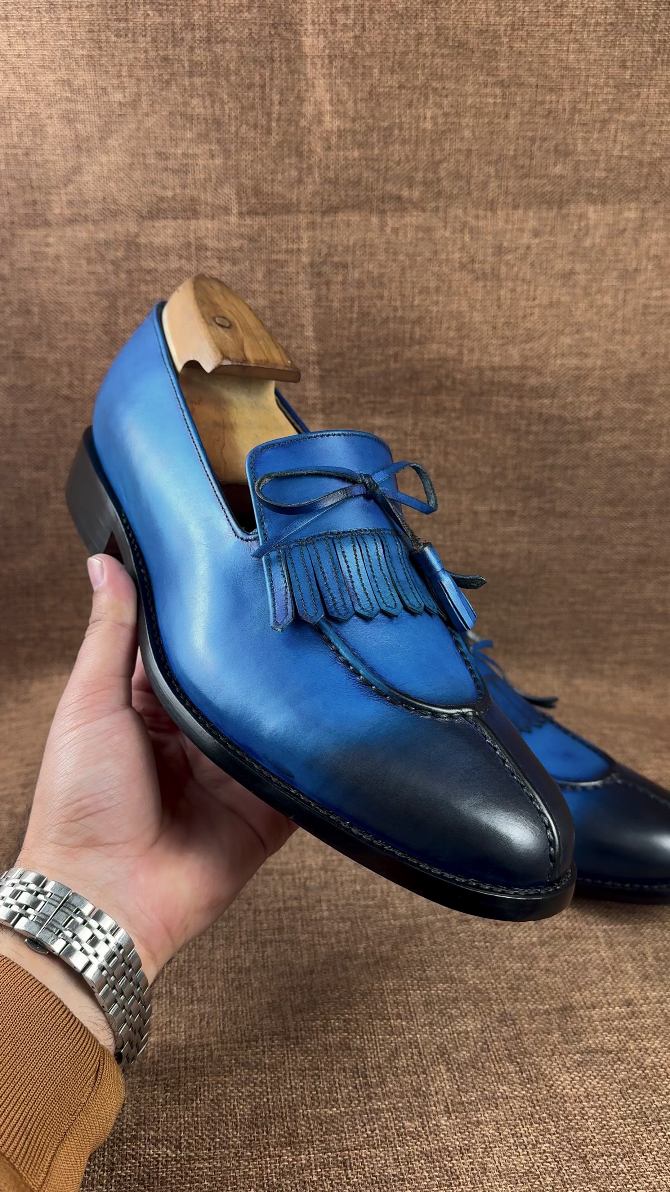Handmade Men's Blue Leather Fringe Moccasins