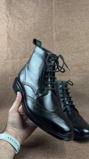 Handcrafted Black Wingtip Brogue Leather Ankle Boot