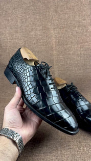 Handcrafted Men's Black Alligator Oxford Shoes