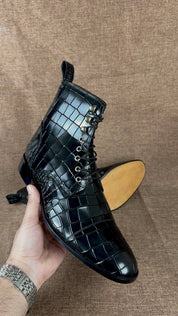 Handcrafted Men's Black Crocodile Leather Boots