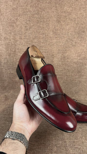 Handmade Men Shaded Burgundy Leather Double Monk Shoes, Belgian Monk Shoes