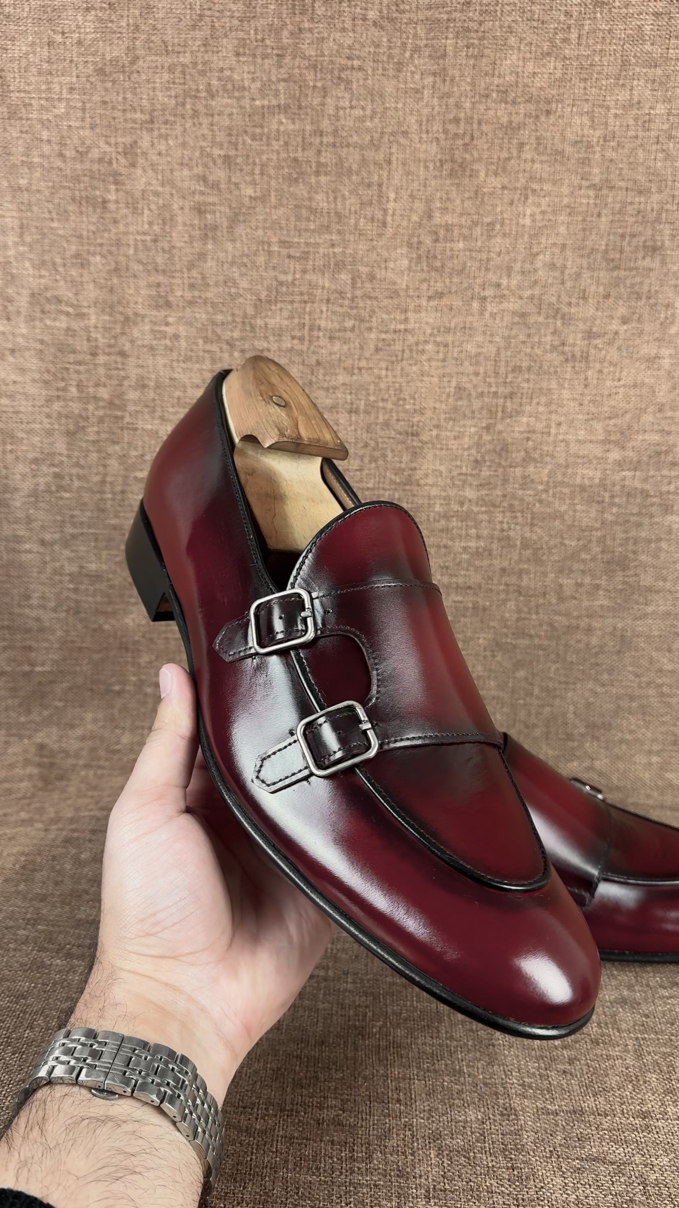 Handmade Men Shaded Burgundy Leather Double Monk Shoes, Belgian Monk Shoes