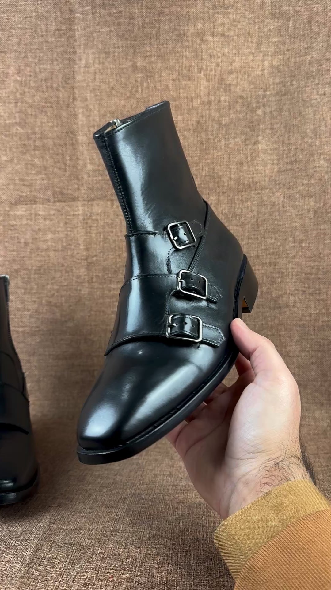 Handcrafted Men's Black Double Monk Ankle Boots with Side Zipper