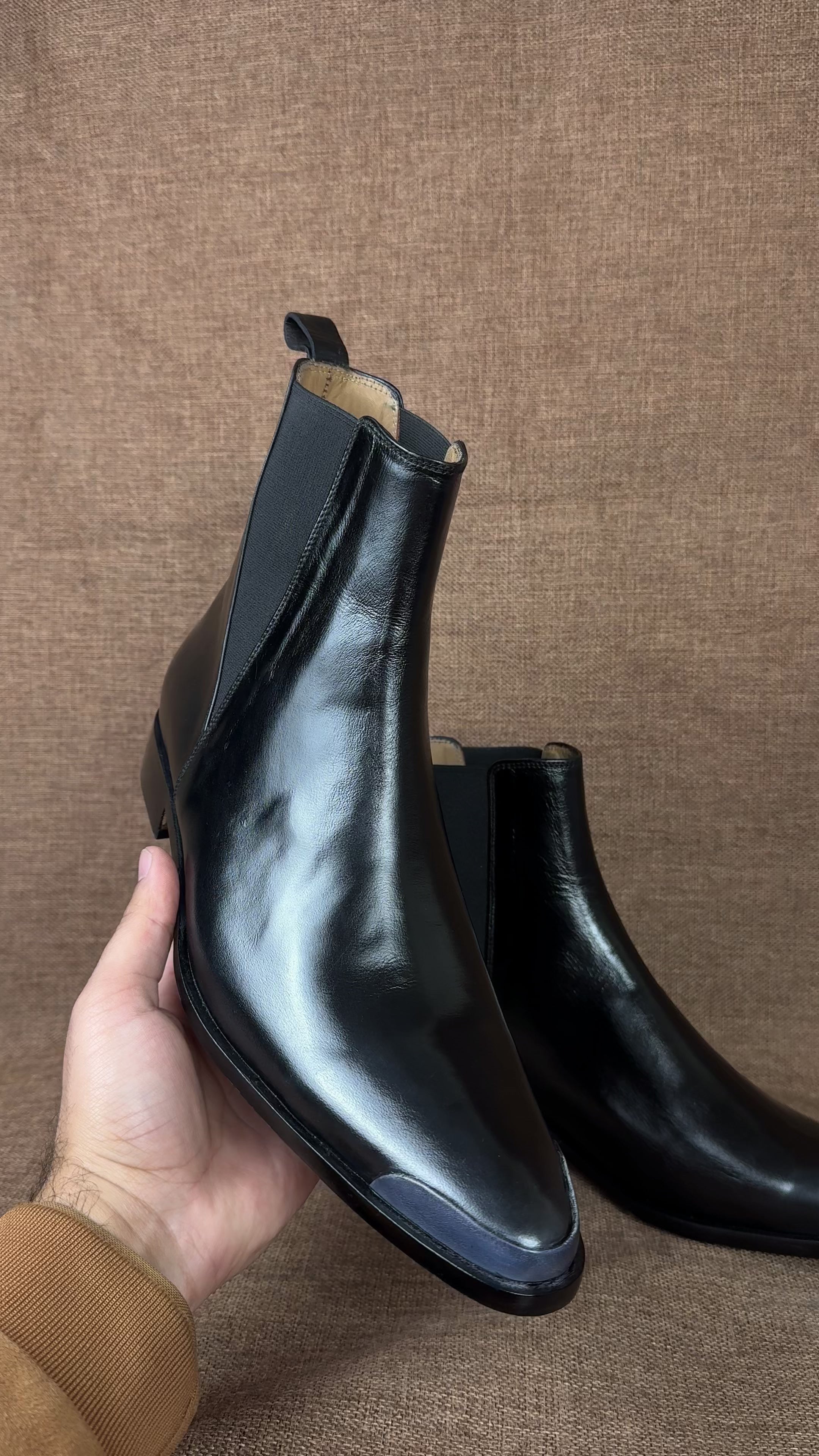Handcrafted Men's Black Leather Chelsea Boots with Pointed Toe