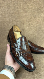 Men's Double Monk Handmade Brown Crocodile Dress Shoes