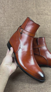 Men's Handmade Brown Leather Monk Strap Ankle Boots