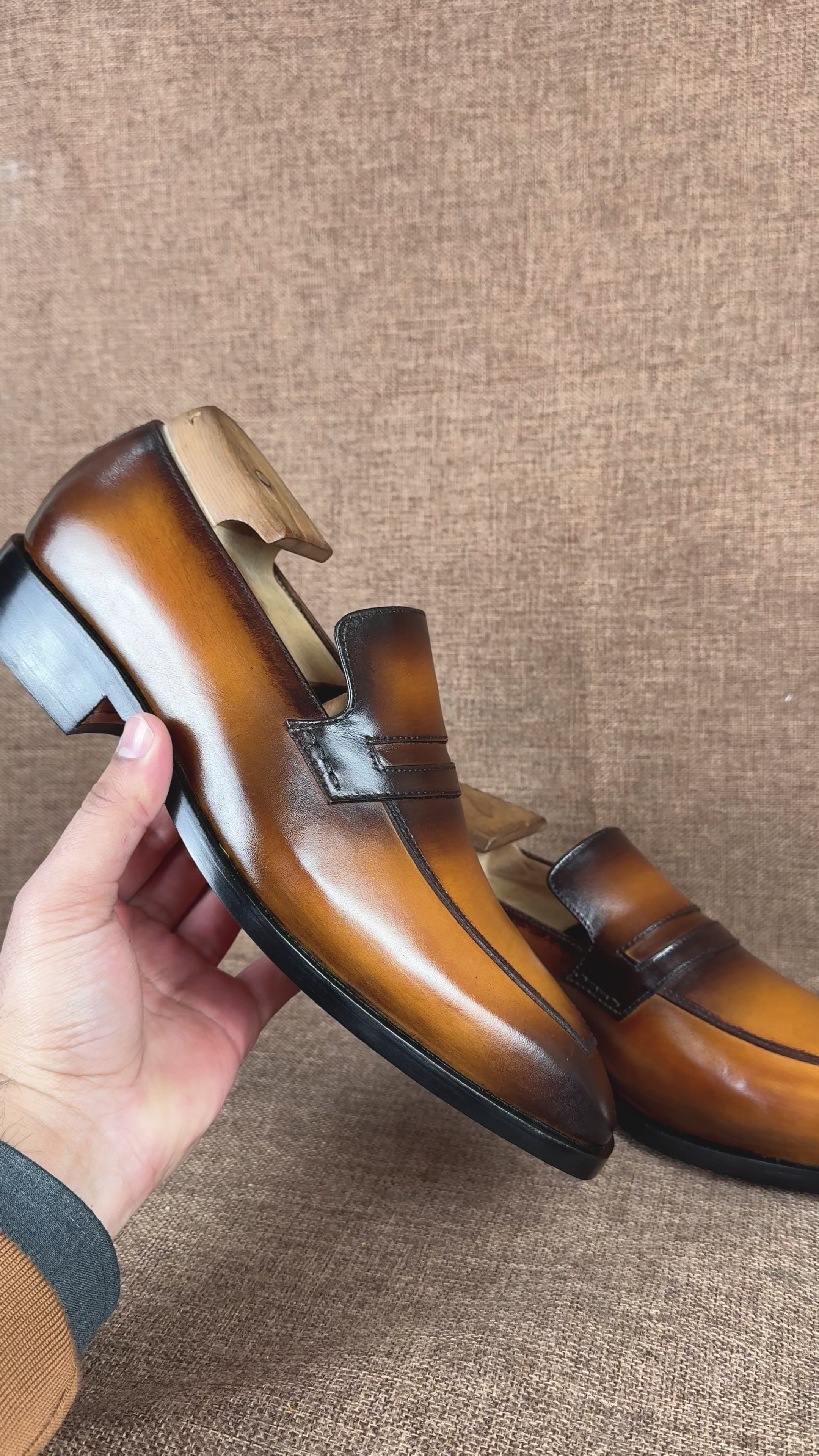 Handmade Men's Tan and Black Almond Toe Moccasin Dress Shoes, Real Leather