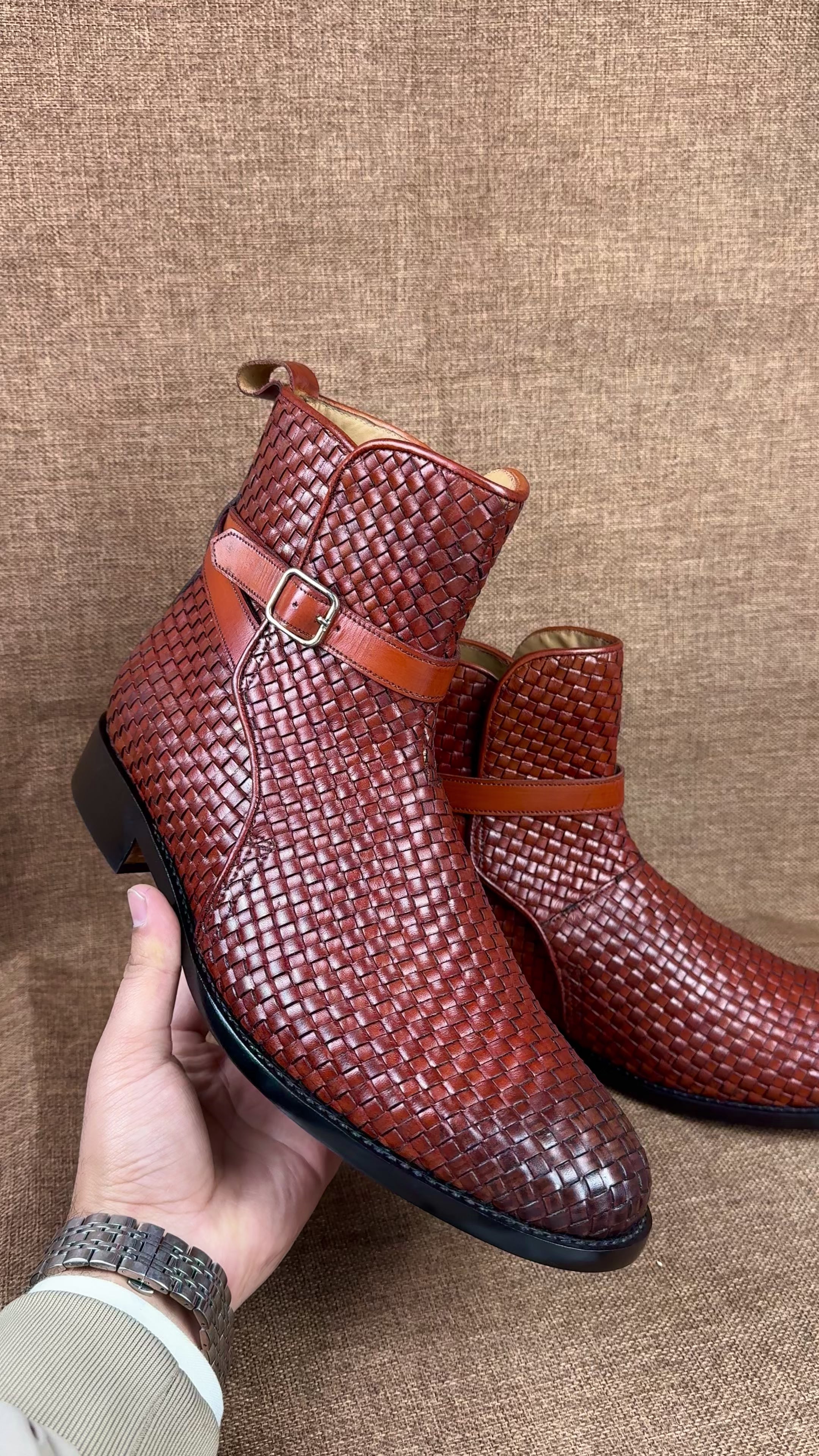 Handcrafted Brown Leather Ankle Boots with Woven Chitai Mat Pattern