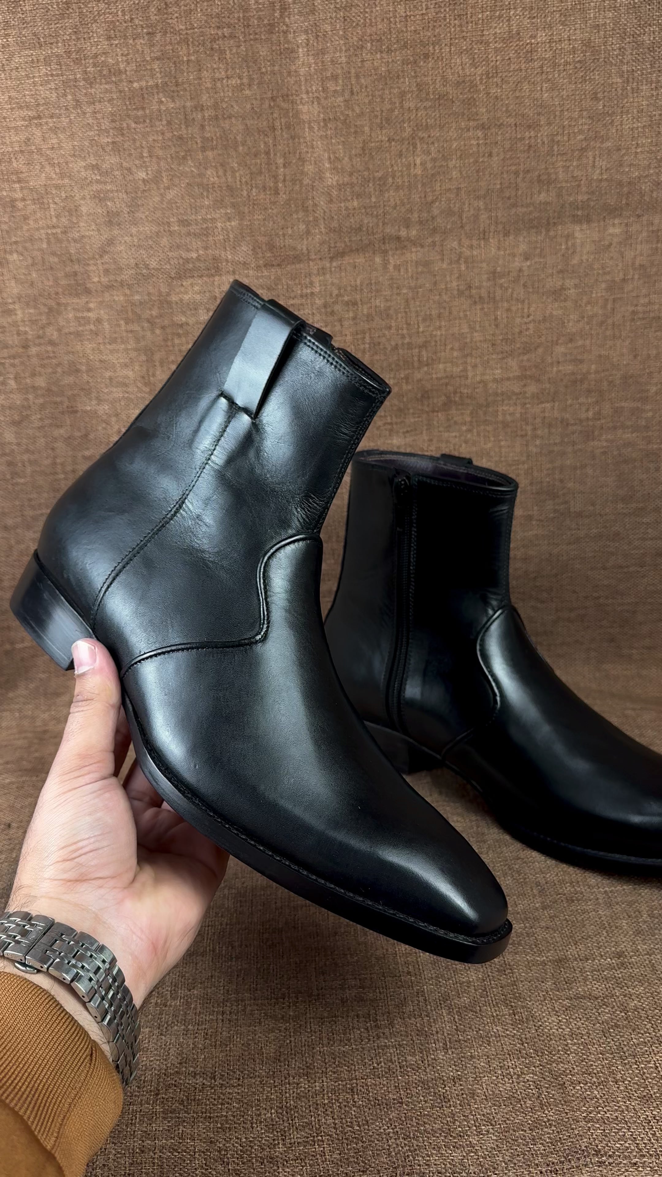 Men's Handmade Black Leather Side Zipper Ankle Boots