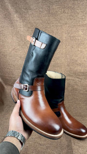 Handmade Men Two Tone Biker Boots, Men Tan and Black Motorcycle Boot