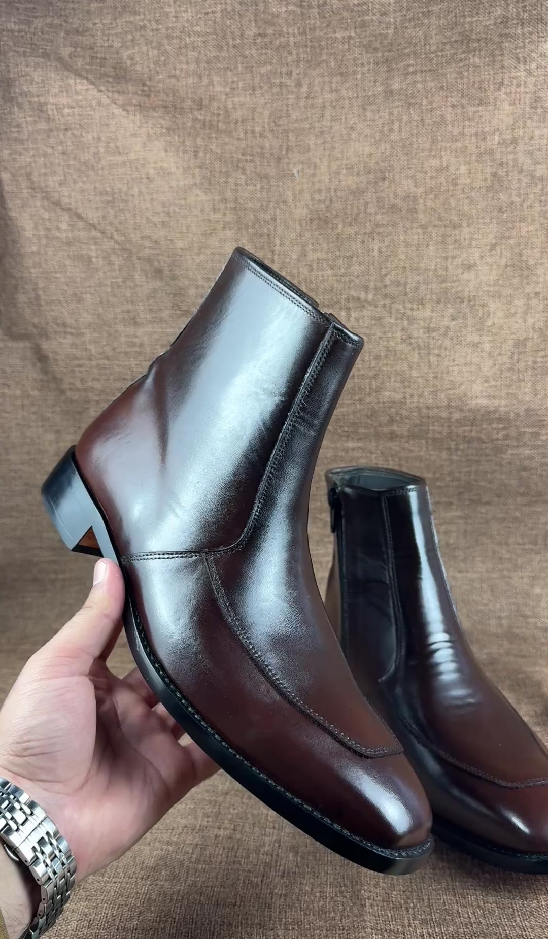 Handmade Mens Dark Brown Square Toe Side Zipper Boot, Real Leather Boots