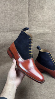 Men's Two Tone Oxford Brogue Ankle Boots in Tan and Blue