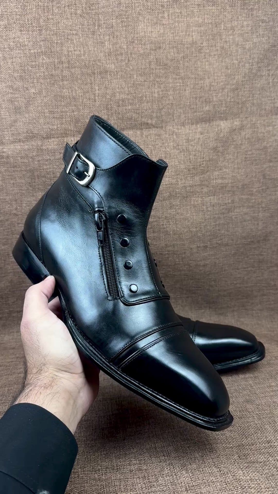Handcrafted High Ankle Leather Boots with Side Button & Zipper