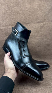 Handcrafted High Ankle Leather Boots with Side Button & Zipper