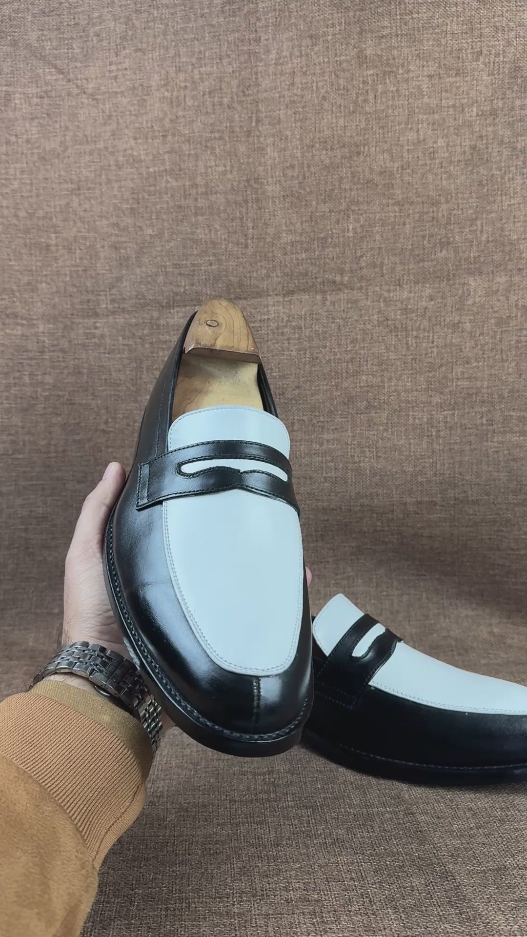 Men Two Tone Spectator Shoes Black and White Leather Moccasins, Mens Shoes