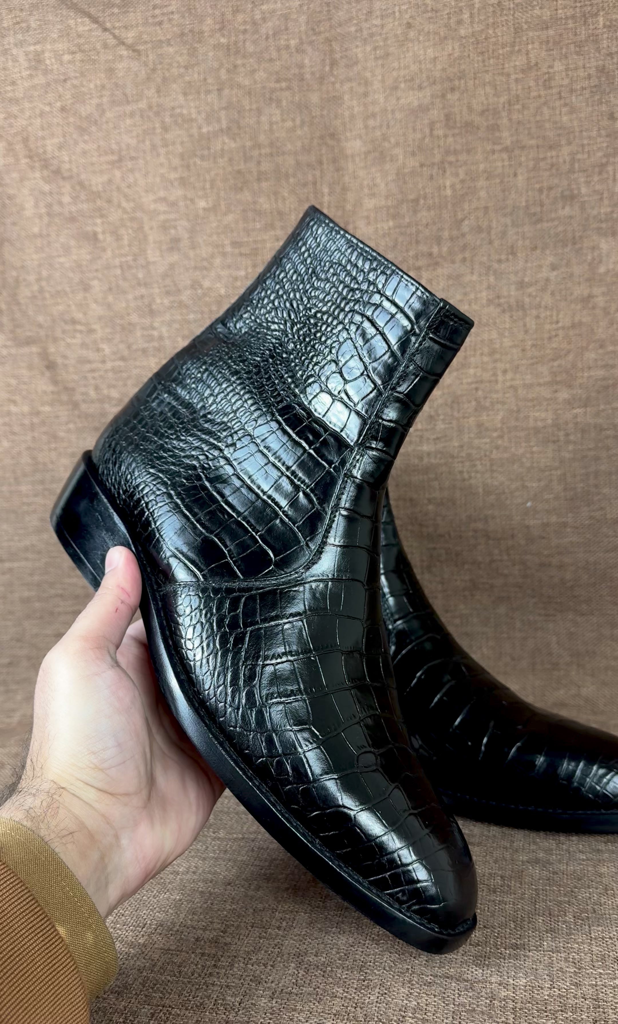Handmade Mens Black Crocodile Zipper Boots, Men Black Ankle Dress Boot
