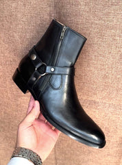 Handcrafted Men's Full-grain Leather Harness Zipper Boots