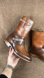 Handmade Mens Antique Brown Leather Biker Boots Men Leather Motorcycle Boot