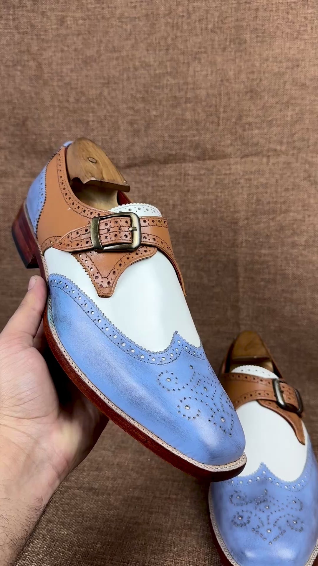 Handmade Men Three Tone Wing Tip Brogue Shoes, Designer Formal Shoes