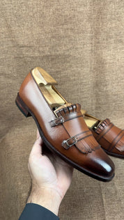 Men's Brown Leather Monk Strap Fringe Shoes