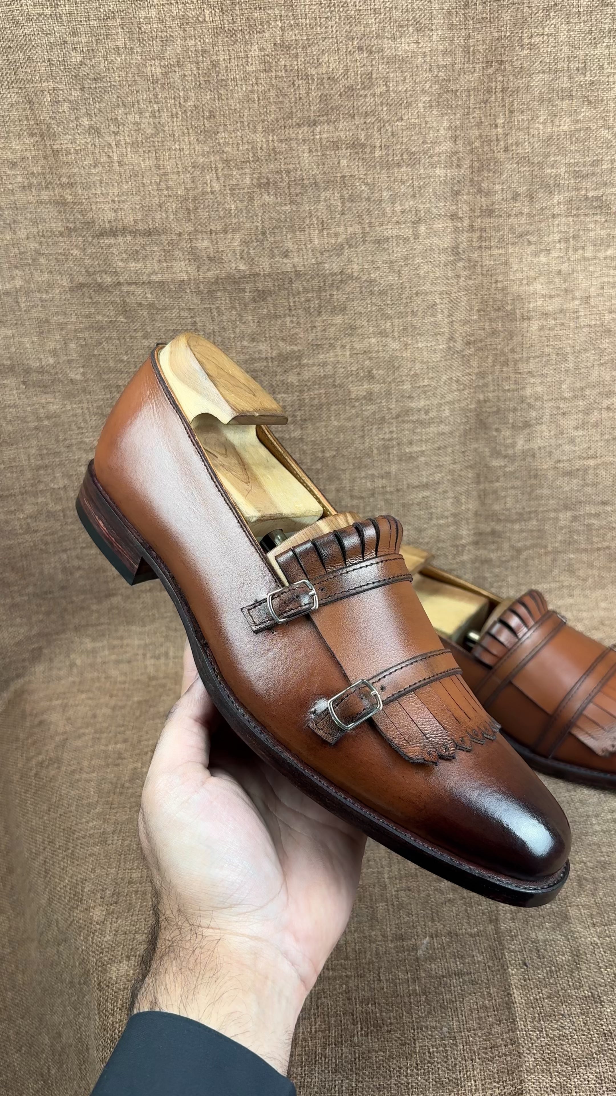 Men's Brown Leather Monk Strap Fringe Shoes