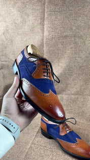 Handmade Men Two Tone Shoes, Suede Leather Shoes, Wingtip Brogue Dress