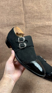 Men's Handmade Suede Double Monk Strap Dress Shoes