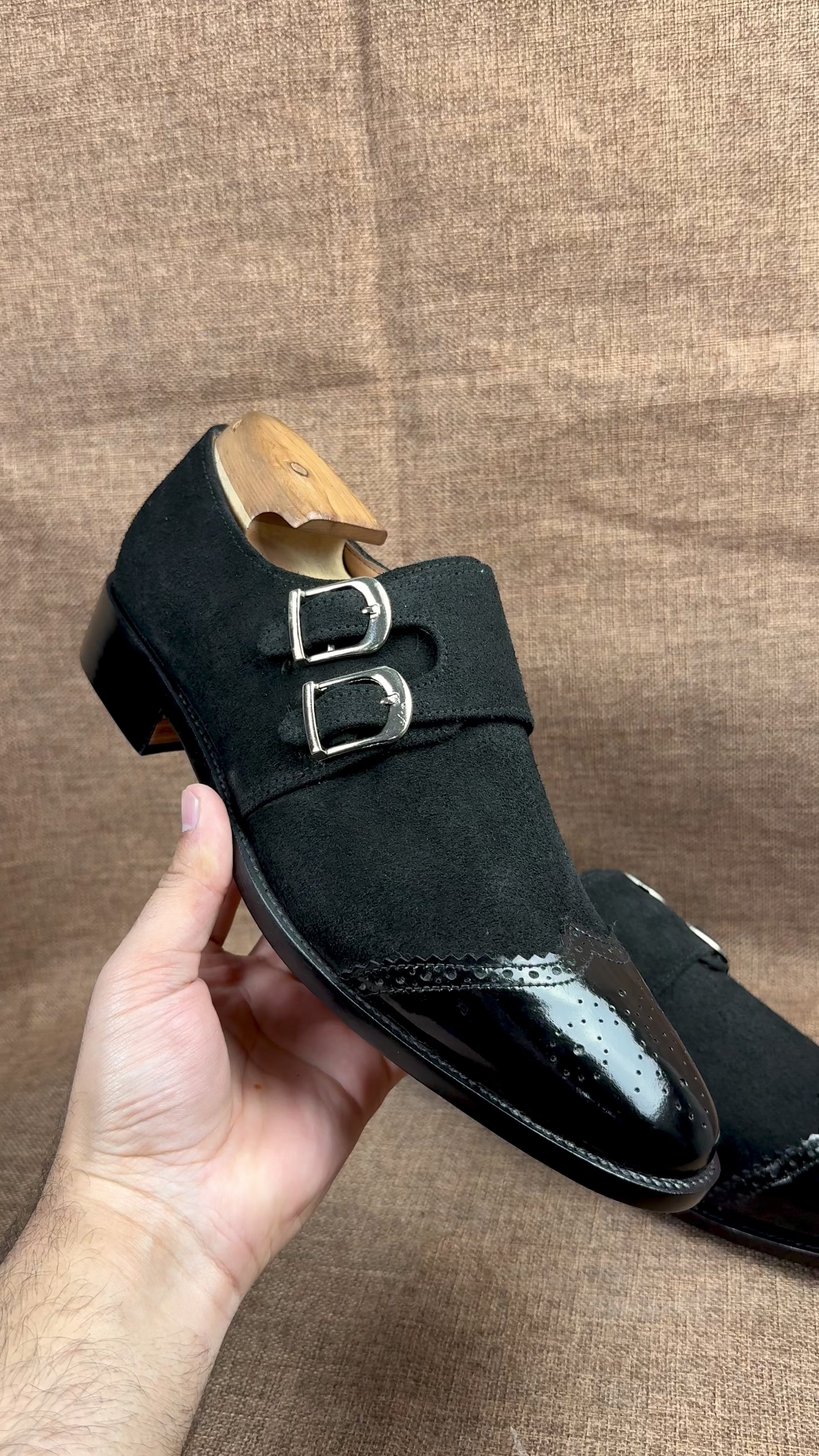 Men's Handmade Suede Double Monk Strap Dress Shoes