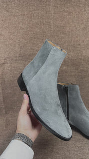 Handmade Men's Gray Suede Ankle Boots, Leather Dress Boot, Gray Zipper Boot