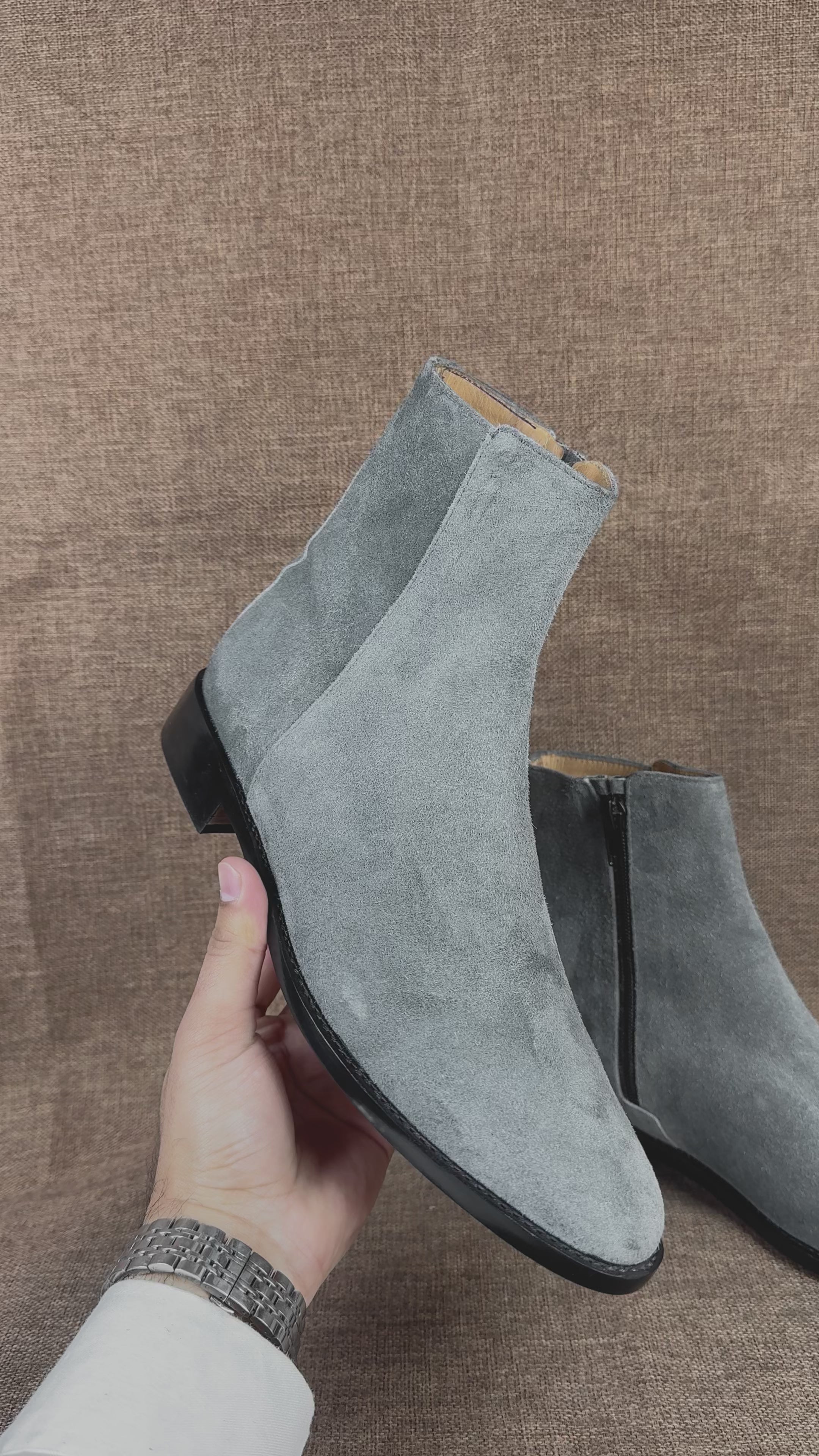 Handmade Men's Gray Suede Ankle Boots, Leather Dress Boot, Gray Zipper Boot