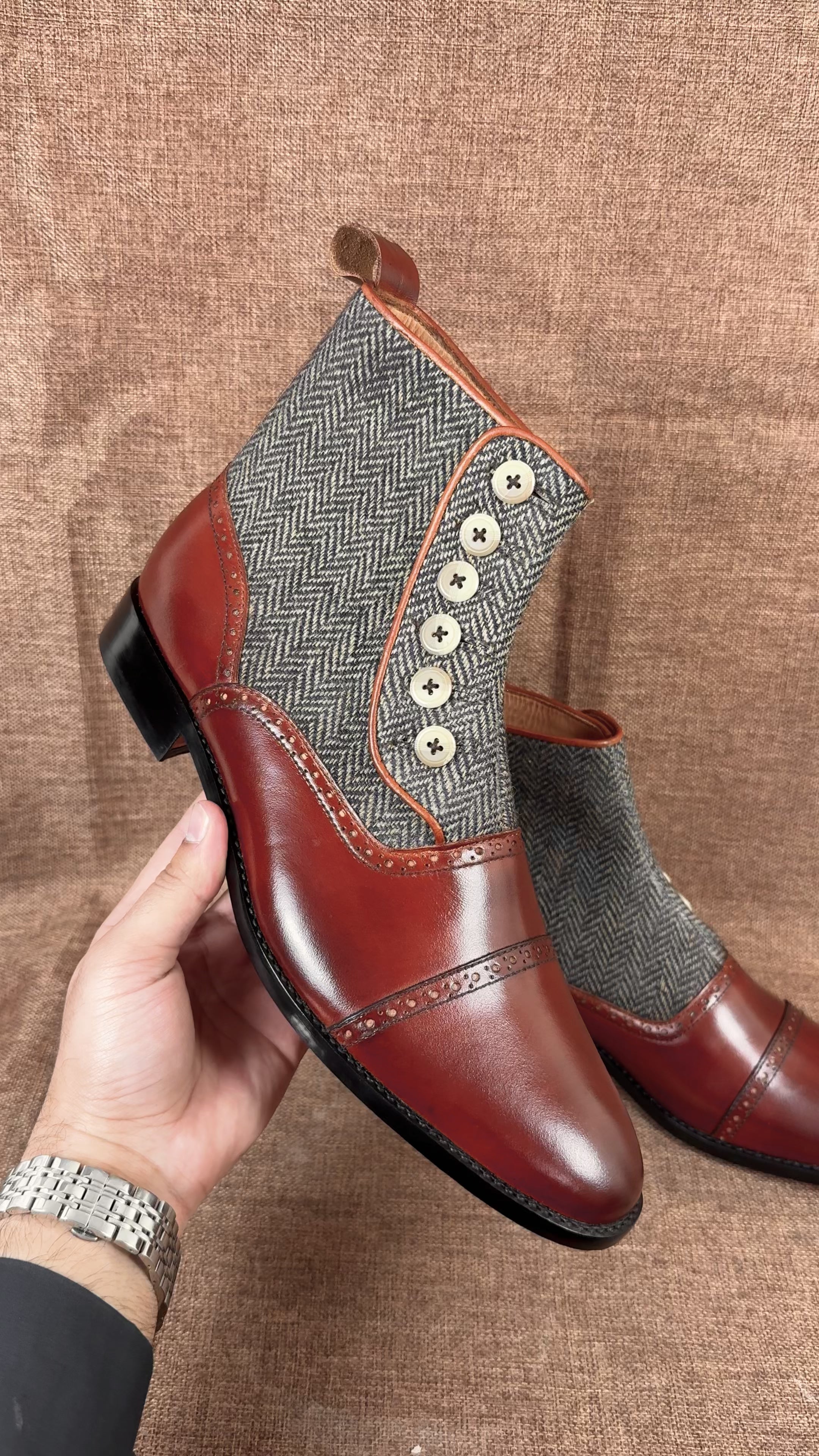 Handmade Men Cap Toe Two Tone Button Boots, Mens Brown Tweed Button Boot