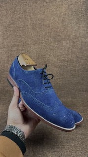 Handmade Mens Brogue Blue Suede Shoes, Men Wingtip Suede Blue Party Shoes