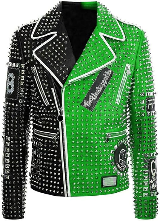Handmade Punk Green Brando Studded Spikes Rock Moto Biker Leather