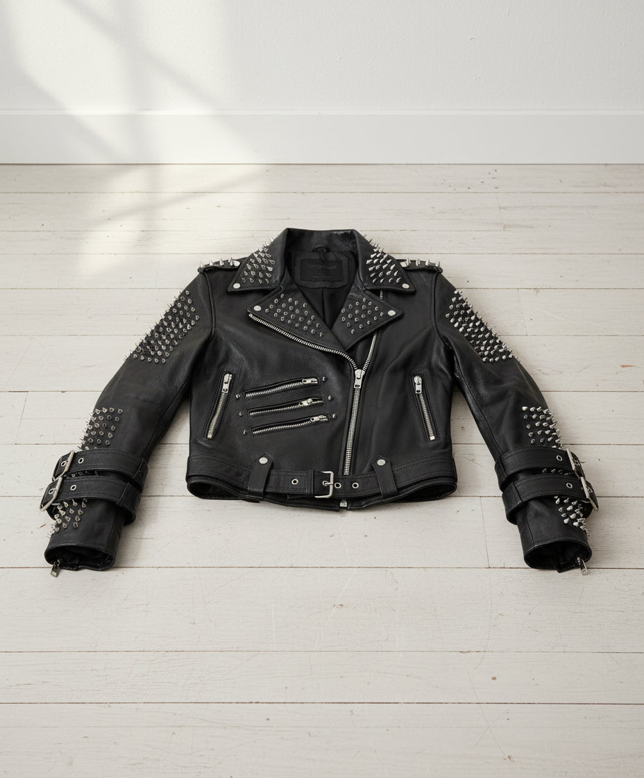 Punk Handmade Women Black Silver Spiked Studded Leather