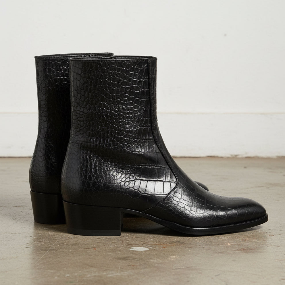 Punk Men Black Alligatirs Zip Boots, Men Black Crocodile Ankle Boot - 3-4-right-view