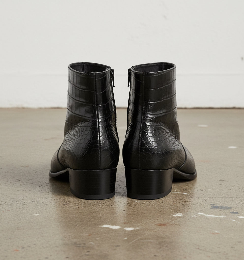 Punk Men Black Alligatirs Zip Boots, Men Black Crocodile Ankle Boot - back-view