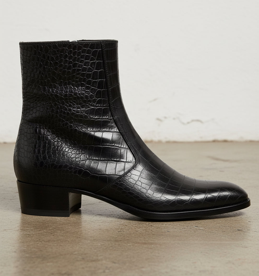 Punk Men Black Alligatirs Zip Boots, Men Black Crocodile Ankle Boot - detail-view-showing-texture