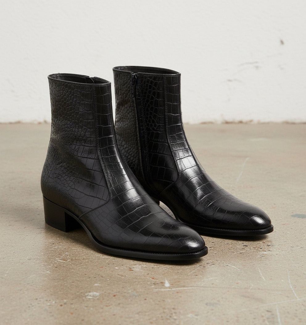 Punk Men Black Alligatirs Zip Boots, Men Black Crocodile Ankle Boot - front-view