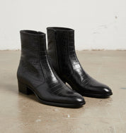 Punk Men Black Alligatirs Zip Boots, Men Black Crocodile Ankle Boot - front-view