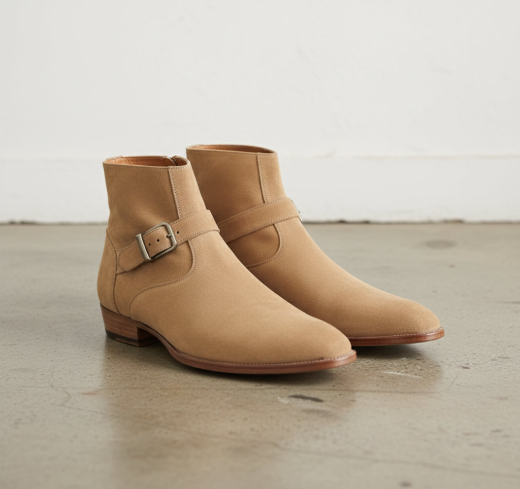 Punk Mens Beige Color Suede Side Zip Ankle Boots, Classic Style Boots - angle-view-showing-depth