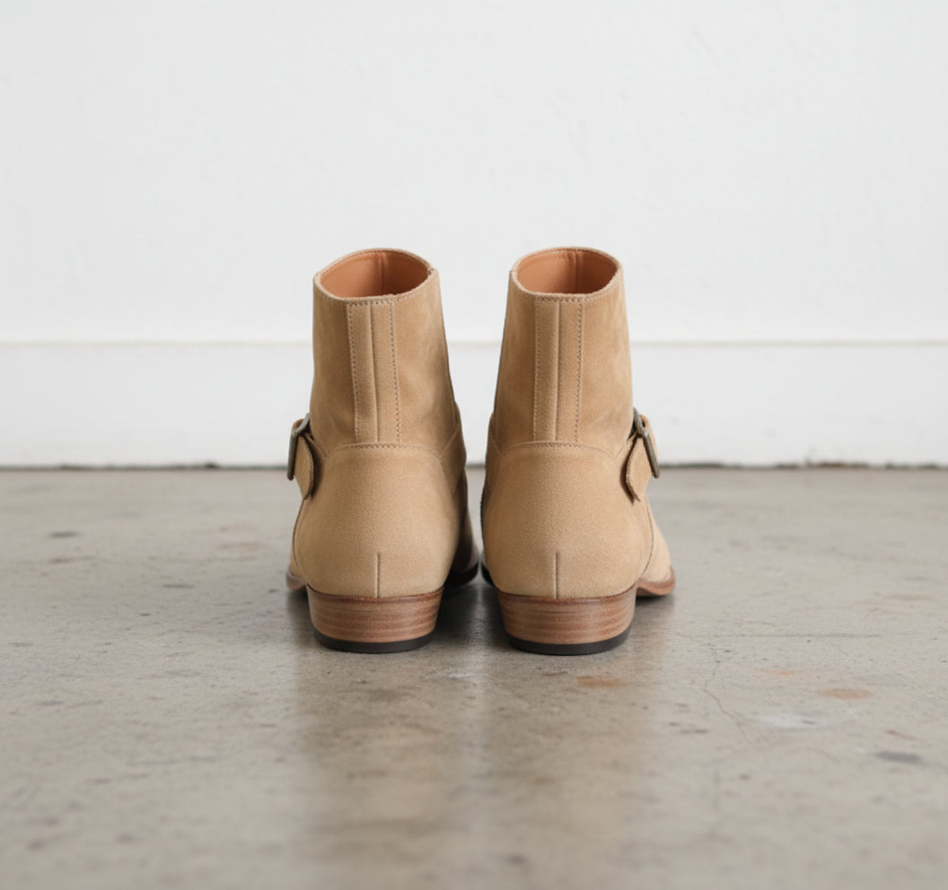 Punk Mens Beige Color Suede Side Zip Ankle Boots, Classic Style Boots - back-view