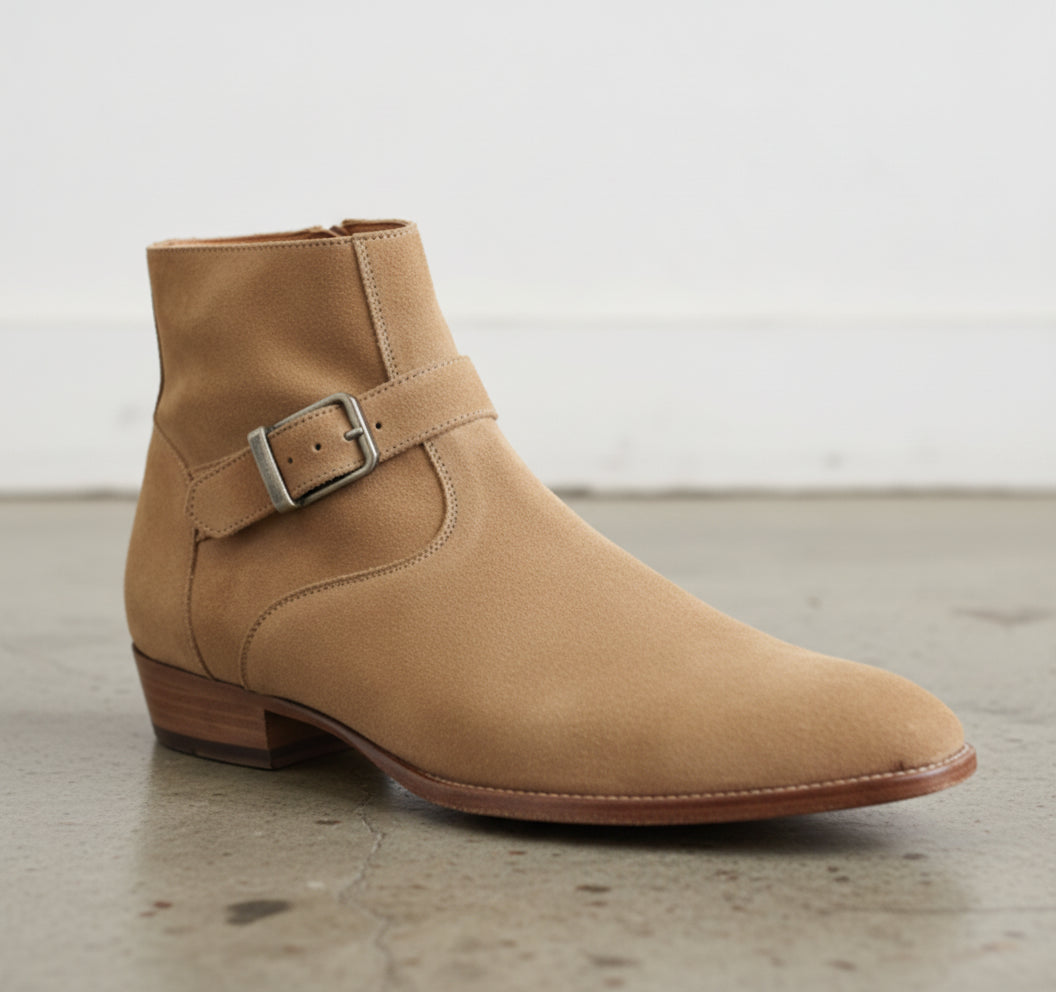 Punk Mens Beige Color Suede Side Zip Ankle Boots, Classic Style Boots - detail-view-showing-texture
