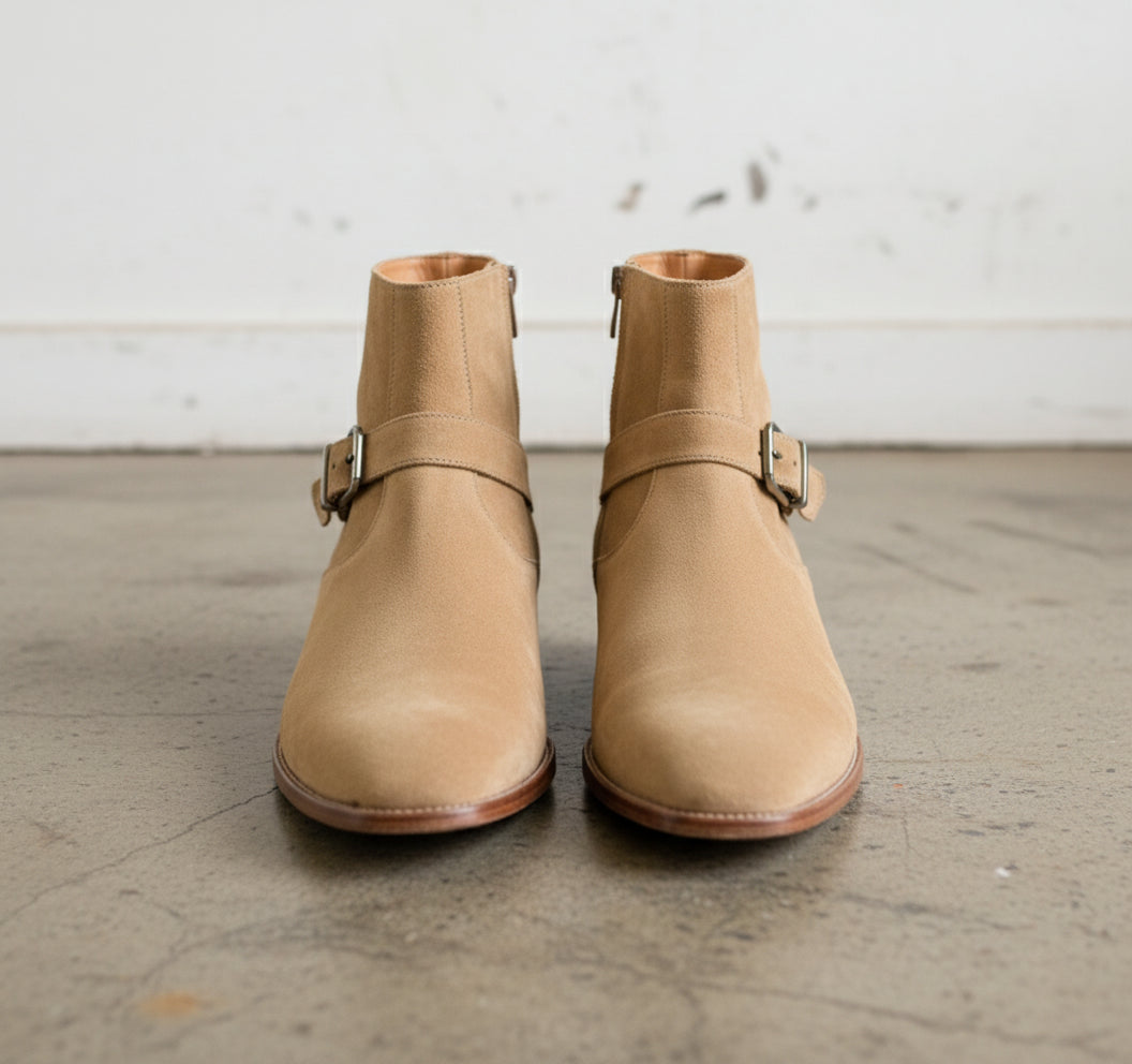 Punk Mens Beige Color Suede Side Zip Ankle Boots, Classic Style Boots - front-view