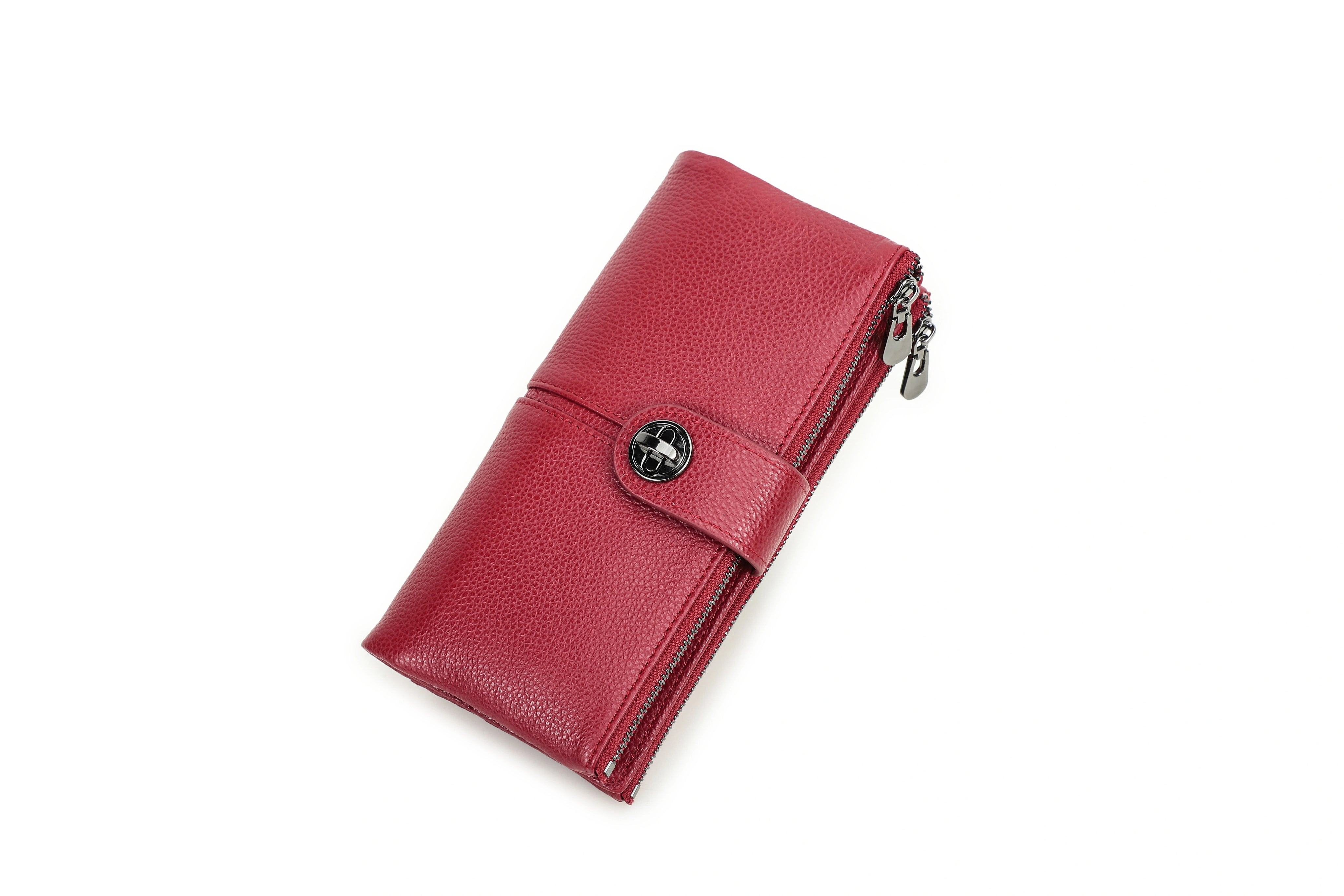 Women's Leather Dual Zipper Clutch Wallet with Airtag Slot & Phone Pocket