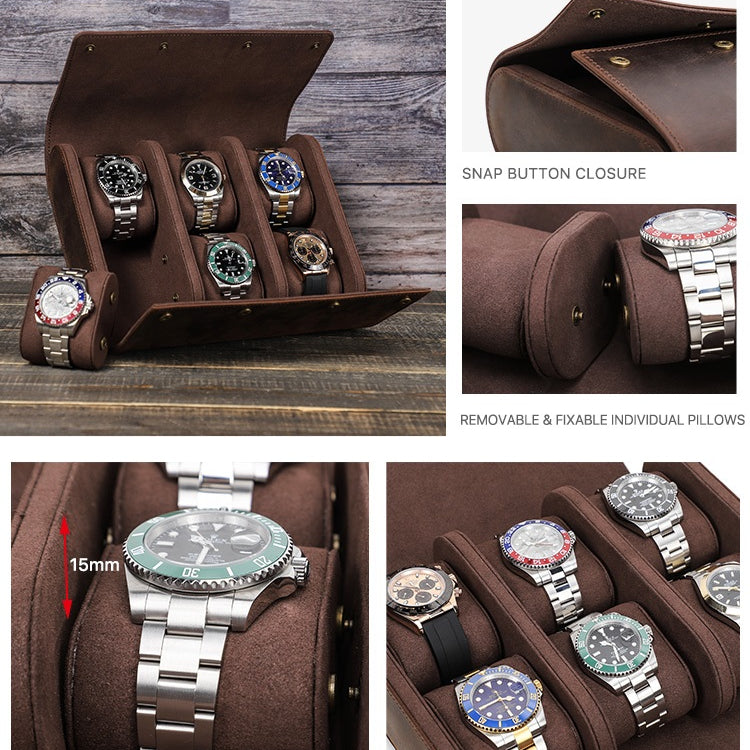 Real Leather 6 Slots Portable Watch Roll Travel Case